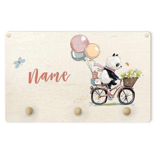 Klädhängare vägg färgglada Panda On Flower Bicycle With Customised Name