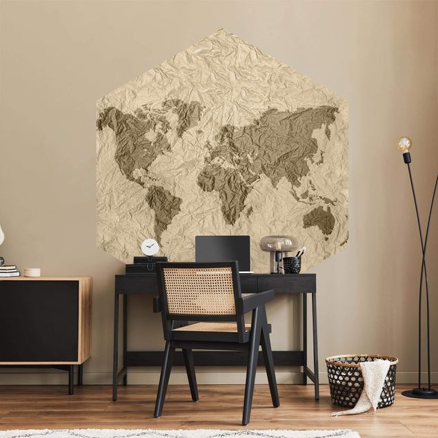 Hexagonala tapeter Paper World Map Beige Brown