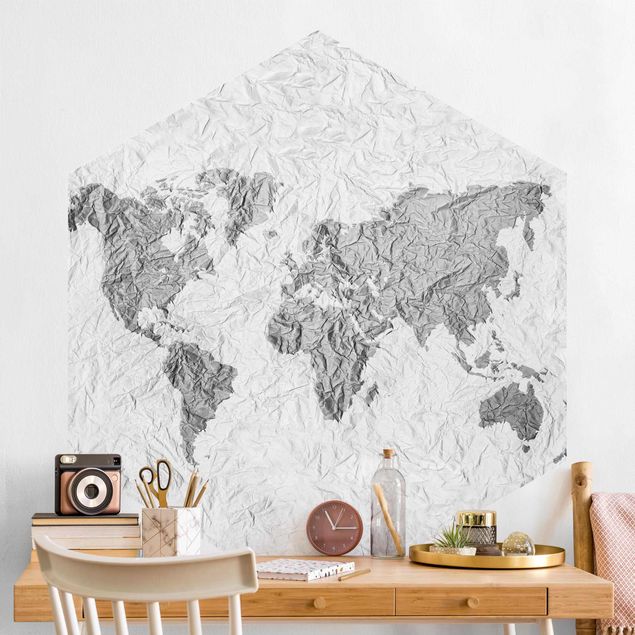 Tapeter modernt Paper World Map White Gray