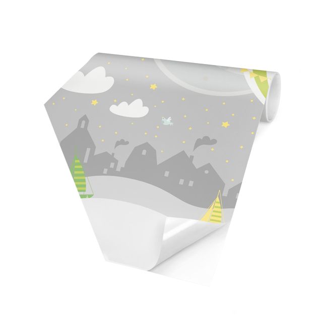 Hexagonala tapeter Paris With Stars And Hot Air Balloon In Grey