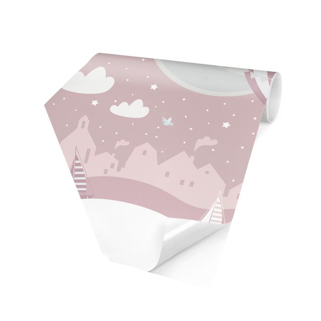 Hexagonala tapeter Paris With Stars And Hot Air Balloon In Pink