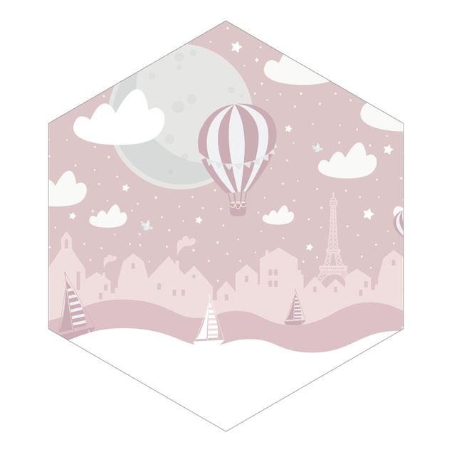 Fototapeter rosa Paris With Stars And Hot Air Balloon In Pink