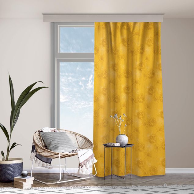 mönstrade gardiner vardagsrum Peonies And Poppies - Warm Yellow