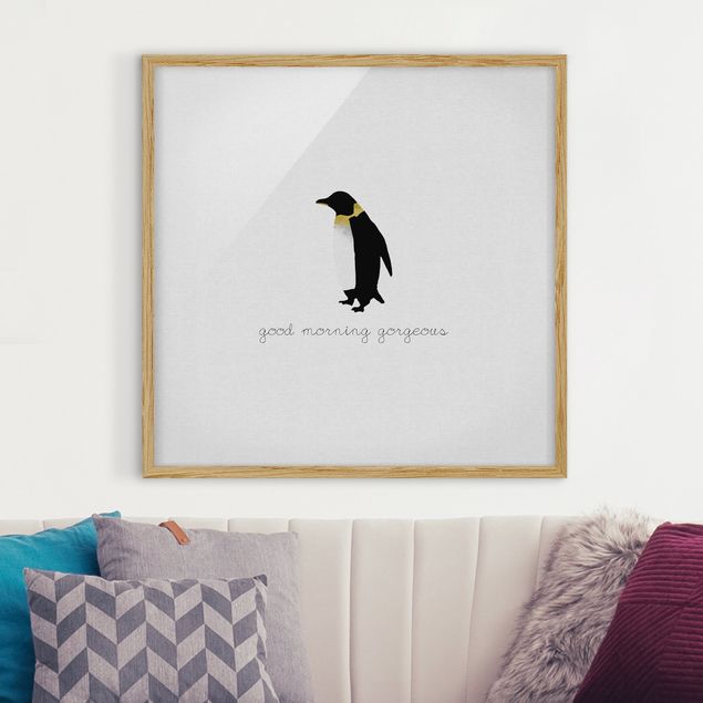 Tavlor med ram svart och vitt Penguin Quote Good Morning Gorgeous