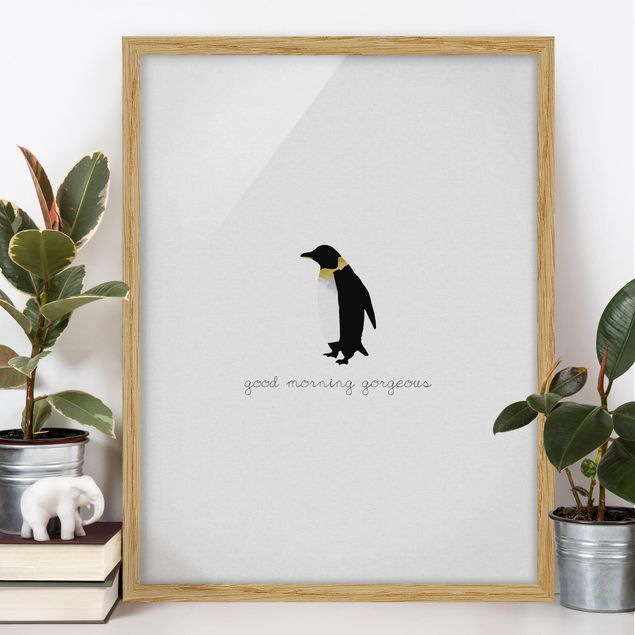 Tavlor med ram svart och vitt Penguin Quote Good Morning Gorgeous