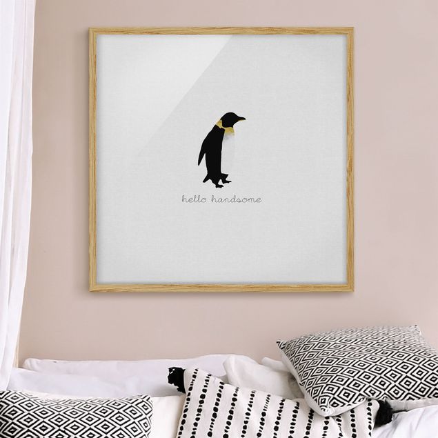 Tavlor med ram svart och vitt Penguin Quote Hello Handsome