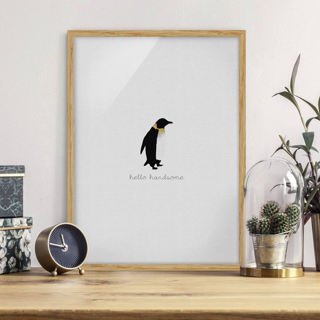 Tavlor med ram svart och vitt Penguin Quote Hello Handsome