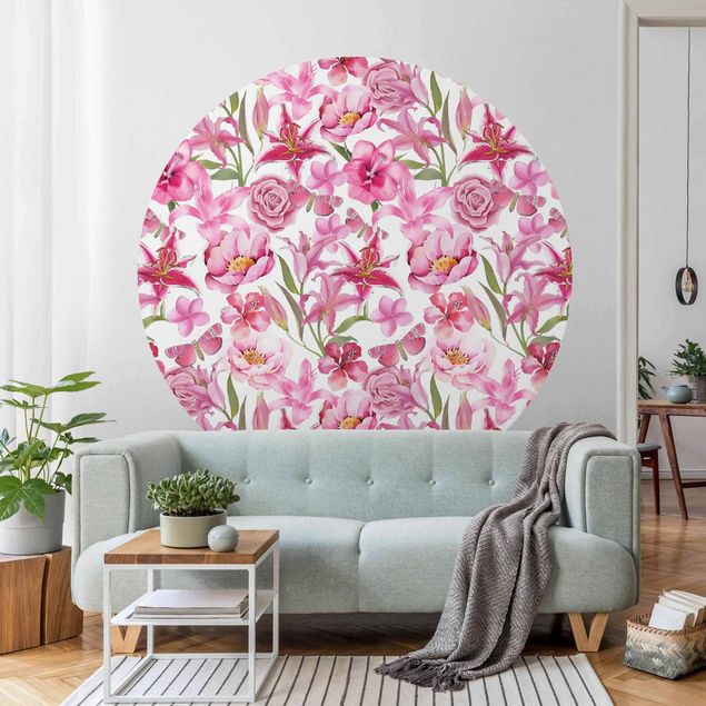 Kök dekoration Pink Flowers With Butterflies