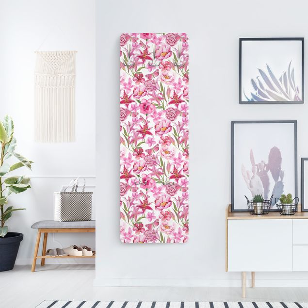 Klädhängare vägg mönster Pink Flowers With Butterflies