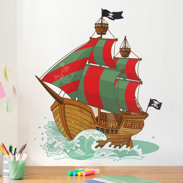 Autocolantes de parede piratas Pirate Ship with red and green Sails