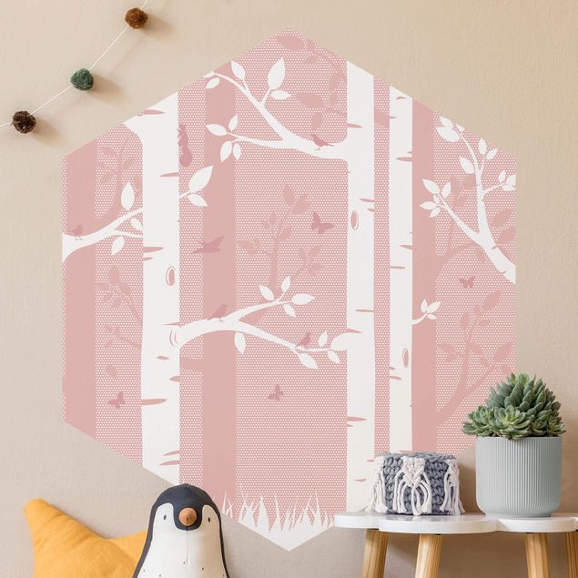 Fototapeter fjärilar Pink Birch Forest With Butterflies And Birds