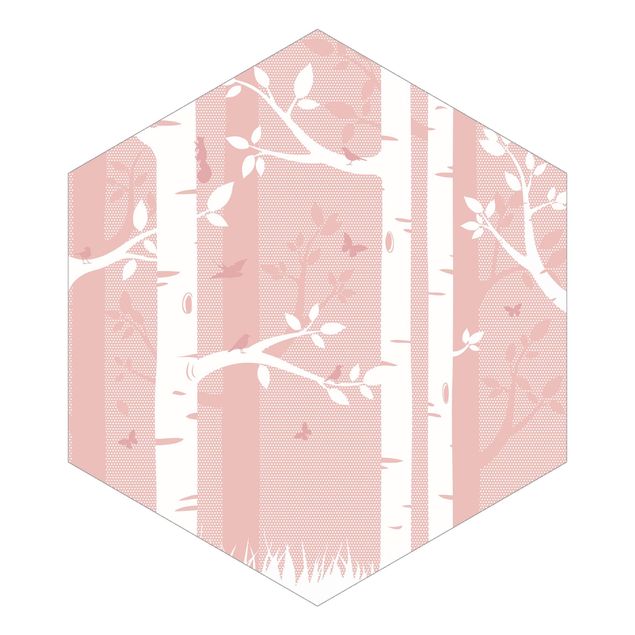 Fototapeter grått Pink Birch Forest With Butterflies And Birds