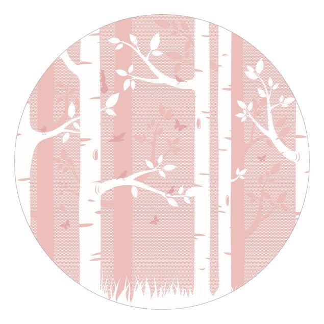 Fototapeter landskap Pink Birch Forest With Butterflies And Birds