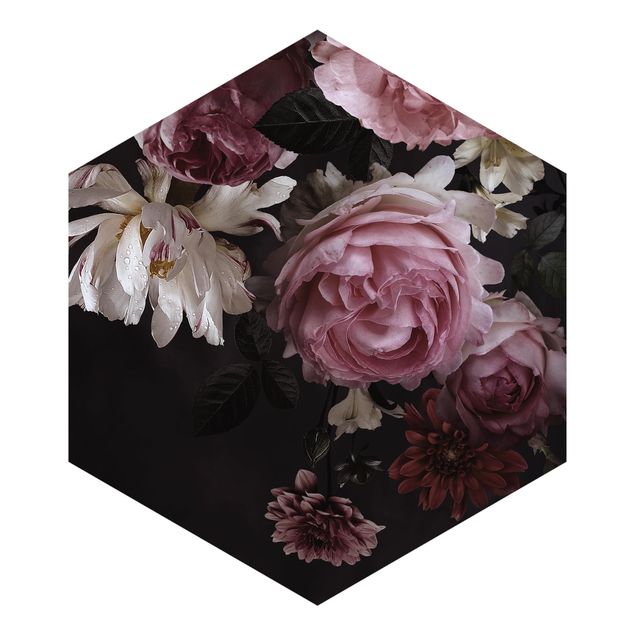 Tapeter Pink Flowers On Black Vintage