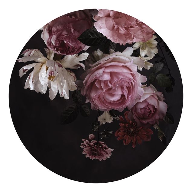 Tapeter lantlig Pink Flowers On Black Vintage