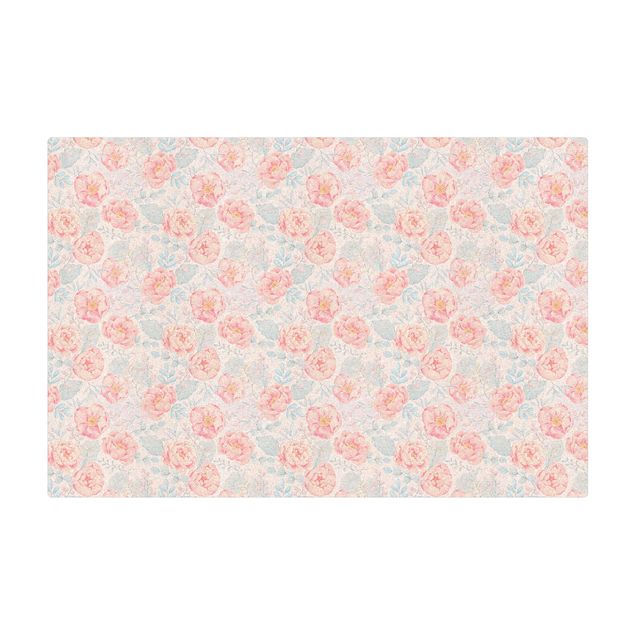 Kork-Teppich - Rosa Blumen mit Hellblauen Blättern - Querformat 3:2
