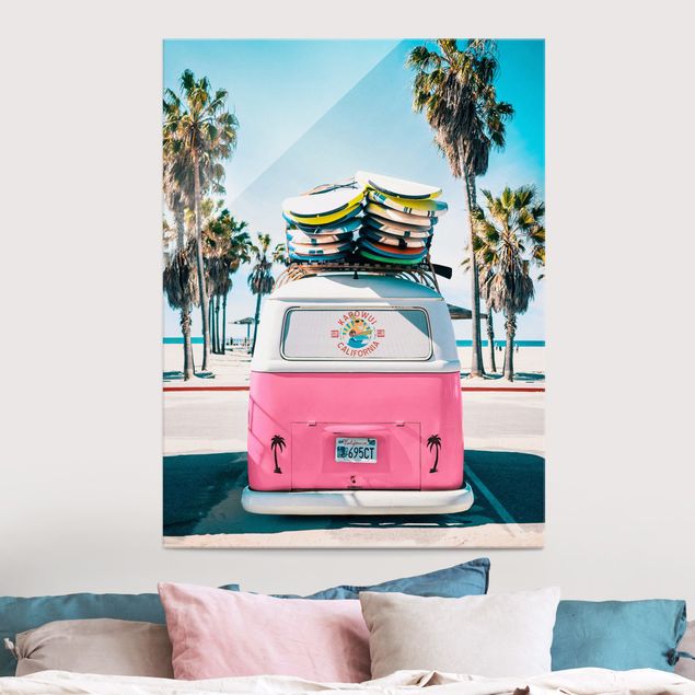 Tavlor landskap Pink VW Bus With Surfboards