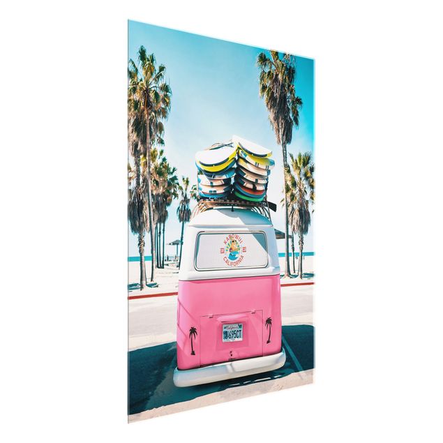 Glastavlor landskap Pink VW Bus With Surfboards