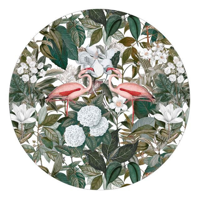 Fototapeter blommor  Pink Flamingos With Leaves And White Flowers