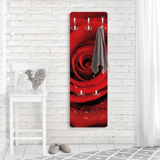 Klädhängare vägg röd Red Rose With Water Drops