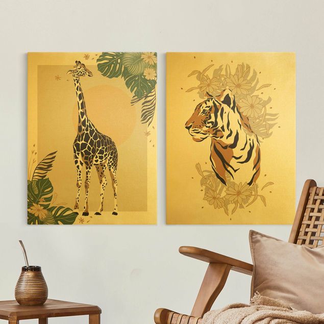 Canvastavlor giraffer Safari Animals - Giraffe And Tiger