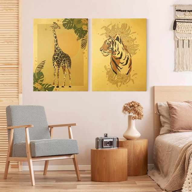 Canvastavlor tigrar Safari Animals - Giraffe And Tiger