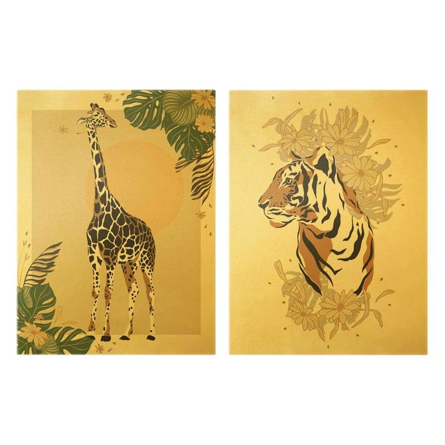 Canvastavlor blommor  Safari Animals - Giraffe And Tiger