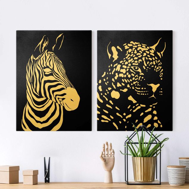Canvastavlor giraffer Safari Animals - Zebra and Leopard Black