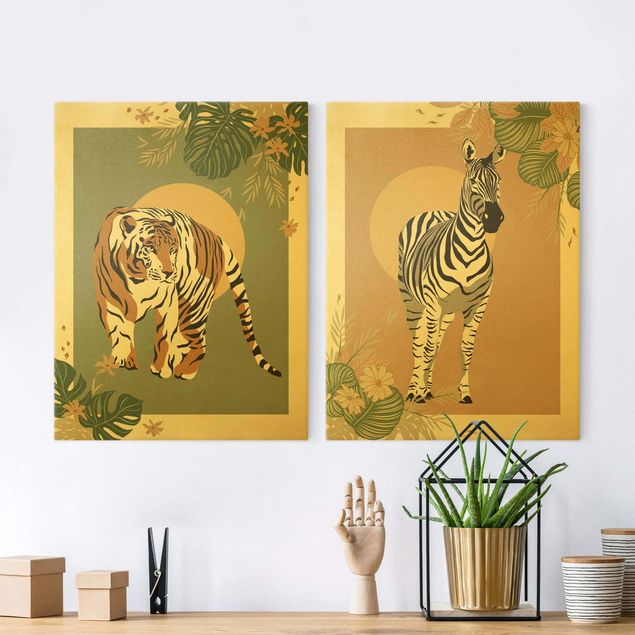 Canvastavlor tigrar Safari Animals - Sun Behind Zebra And Tiger
