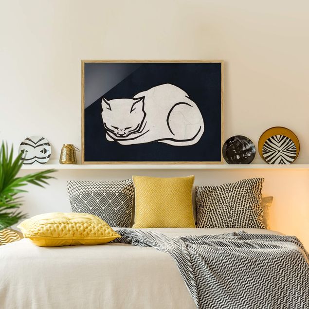 Tavlor med ram svart och vitt Sleeping Cat Illustration
