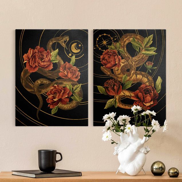 Canvastavlor rosor Snake With Roses Black And Gold Duo