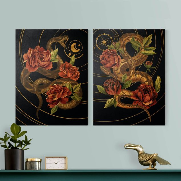 Tavlor blommor  Snake With Roses Black And Gold Duo