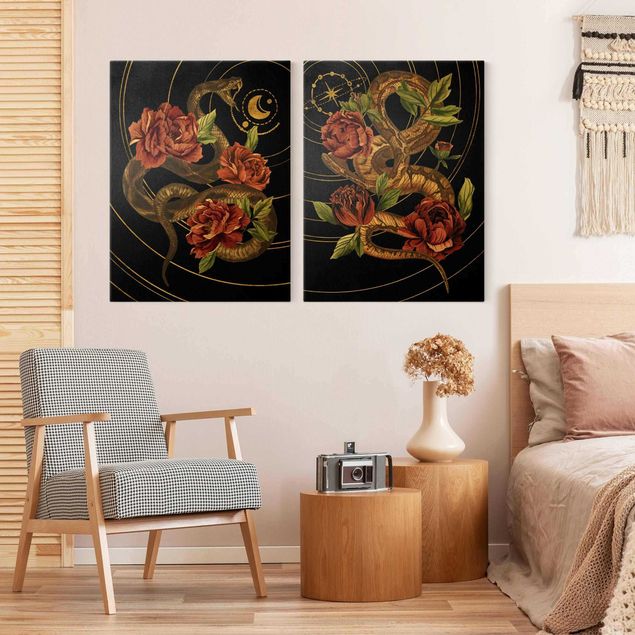 Tavlor blommor Snake With Roses Black And Gold Duo