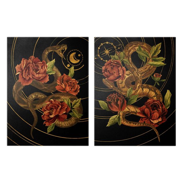Tavlor svart Snake With Roses Black And Gold Duo