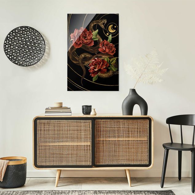 Tavlor blommor Snake With Roses Black And Gold II