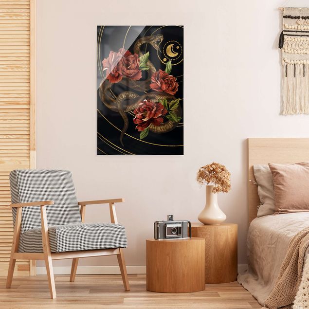 Tavlor blommor  Snake With Roses Black And Gold II