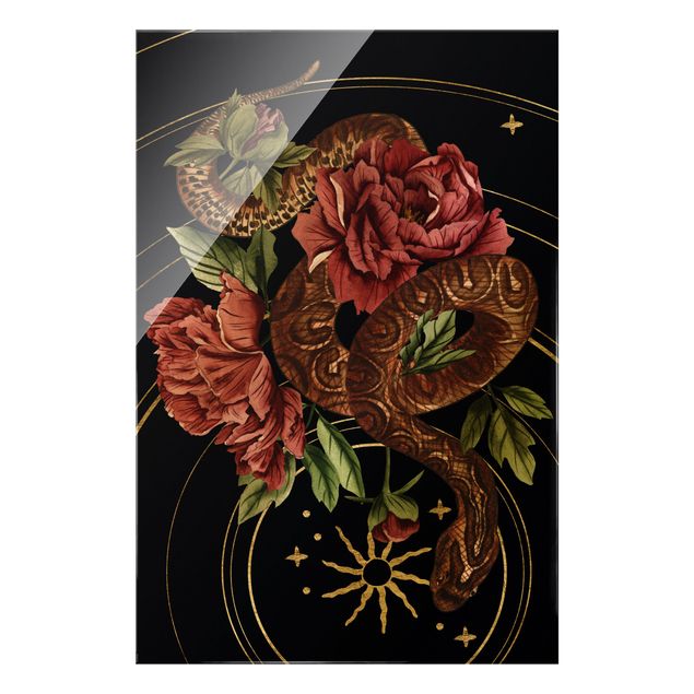 Tavlor svart Snake With Roses Black And Gold III