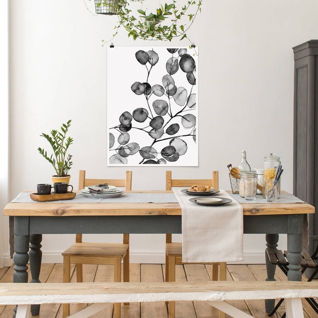 Posters blommor  Black And White Eucalyptus Twig Watercolour