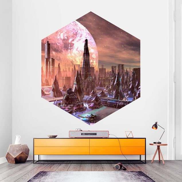 Hexagonala tapeter Sci-Fi City With Planets
