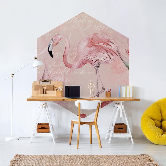 Fototapeter fåglar Shabby Chic Collage - Flamingo