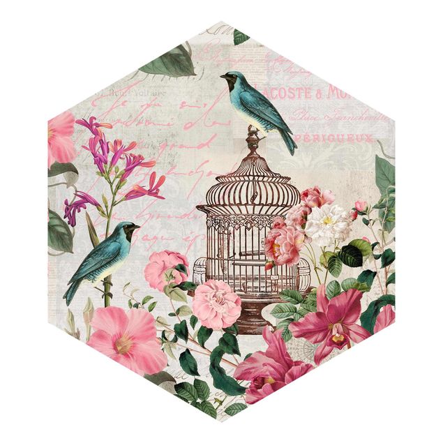 Fototapeter rosa Shabby Chic Collage - Pink Flowers And Blue Birds