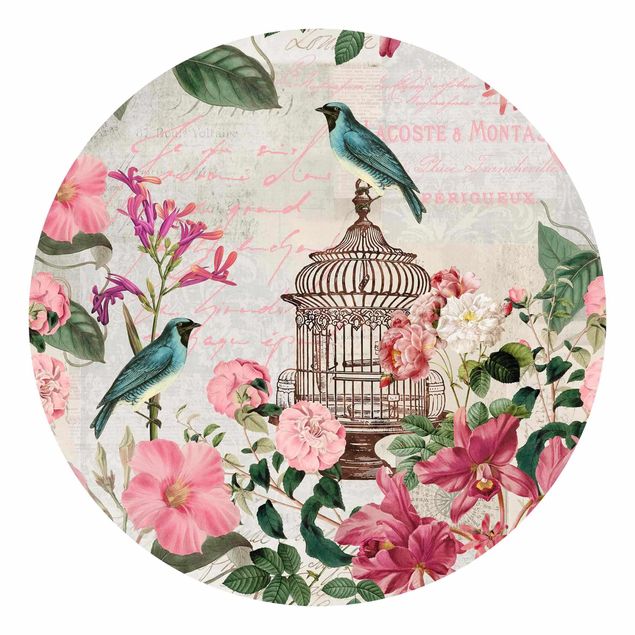 Tapeter lantlig Shabby Chic Collage - Pink Flowers And Blue Birds