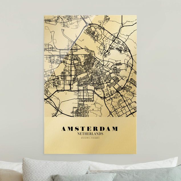 Glastavlor svart och vitt Amsterdam City Map - Classic