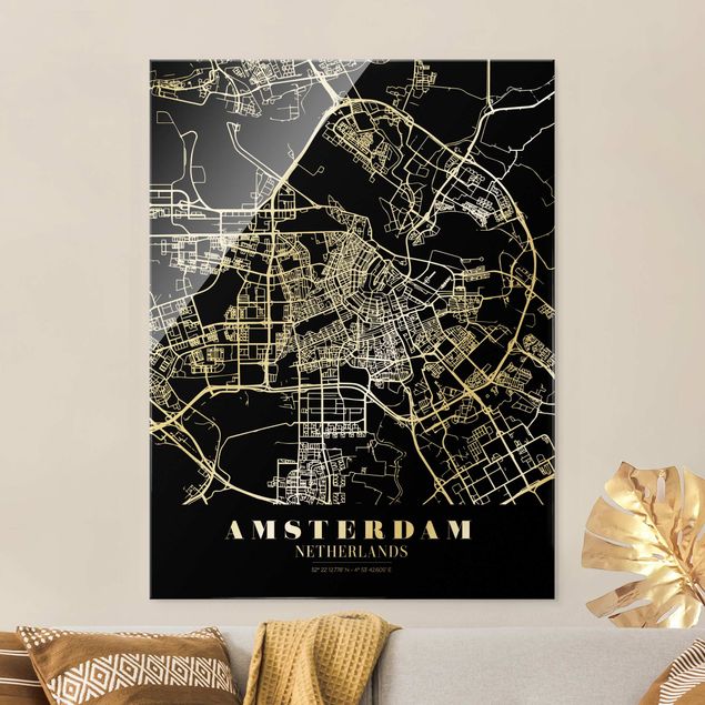Glastavlor svart och vitt Amsterdam City Map - Classic Black