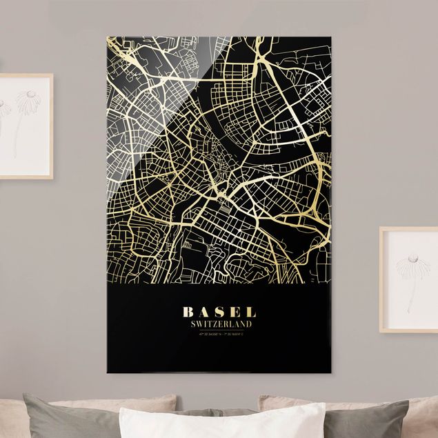 Glastavlor svart och vitt Basel City Map - Classic Black