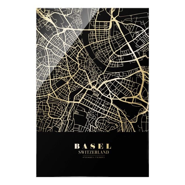 Tavlor svart och vitt Basel City Map - Classic Black