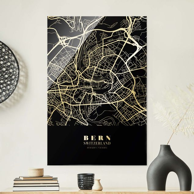 Glastavlor svart och vitt Bern City Map - Classic Black