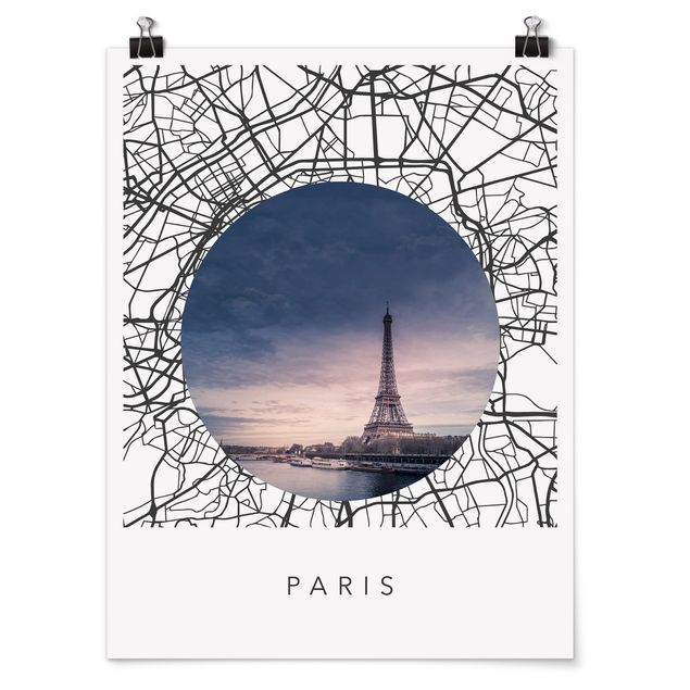 Posters svart och vitt Map Collage Paris