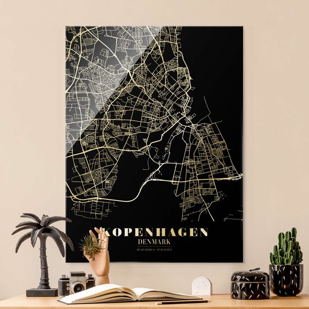 Glastavlor svart och vitt Copenhagen City Map - Classic Black