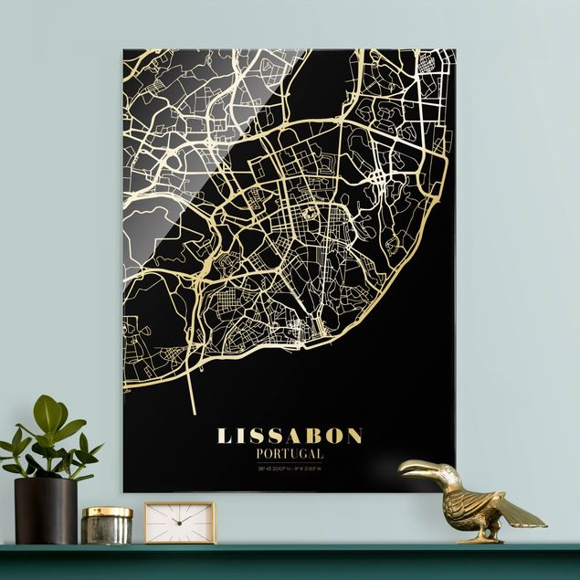 Glastavlor svart och vitt Lisbon City Map - Classic Black